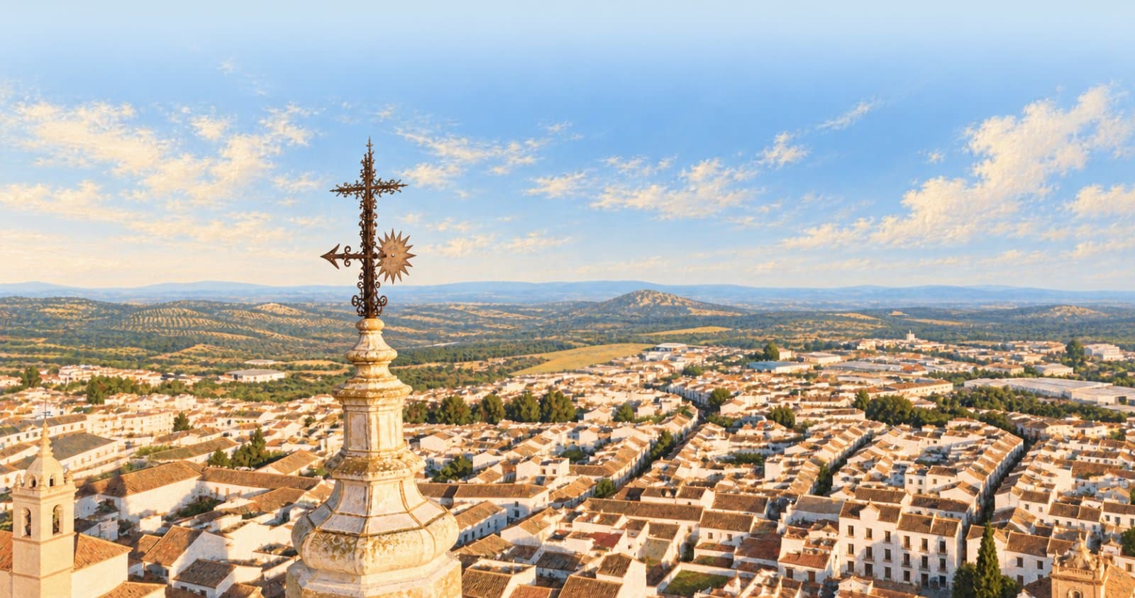 Painting of Estepa seen from the top of a tower, with the rooftops, the countryside and the olive groves in the background