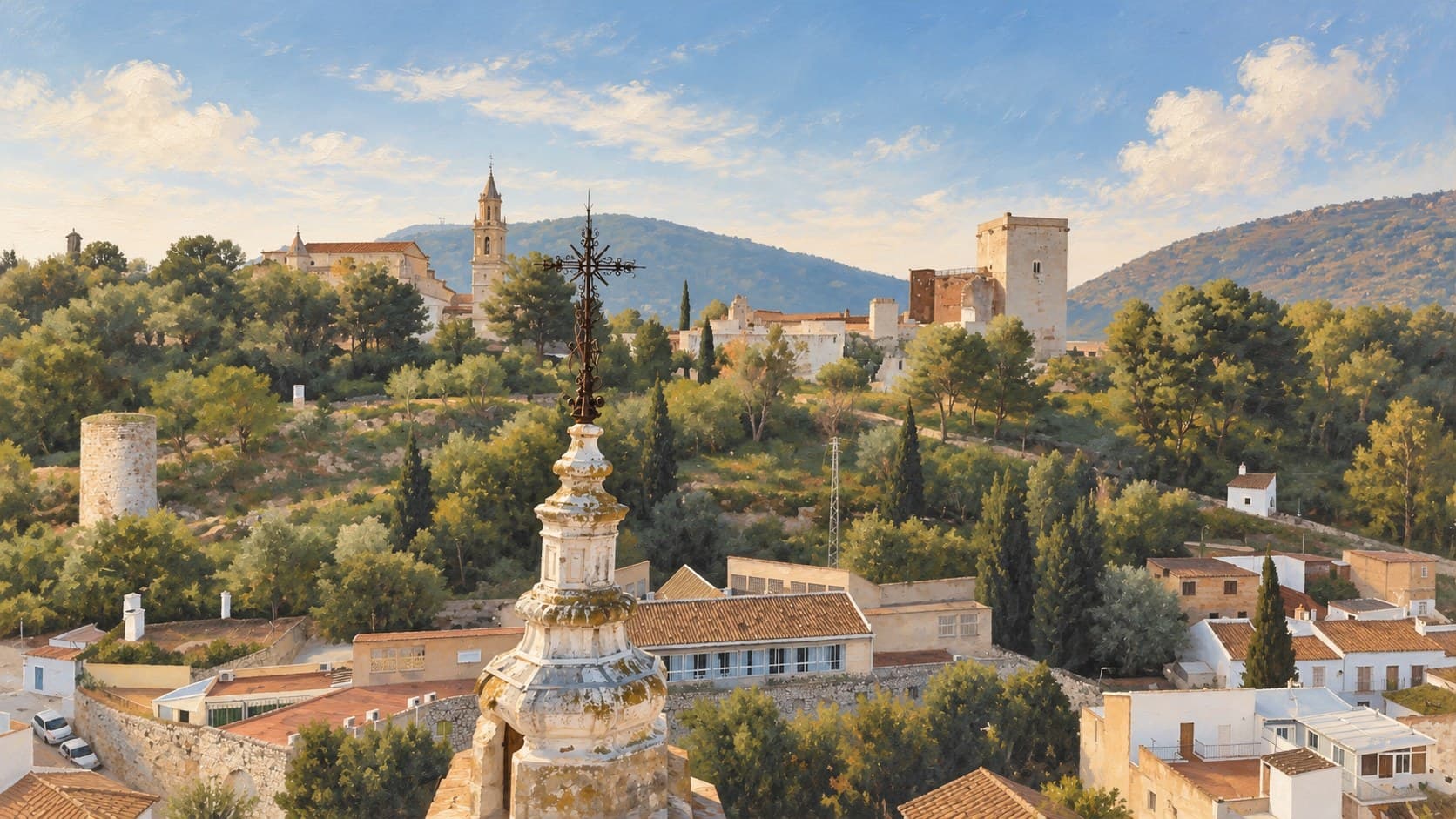 Oil painting of Estepa: the Torre de la Victoria and the castle keep on San Cristóbal hill